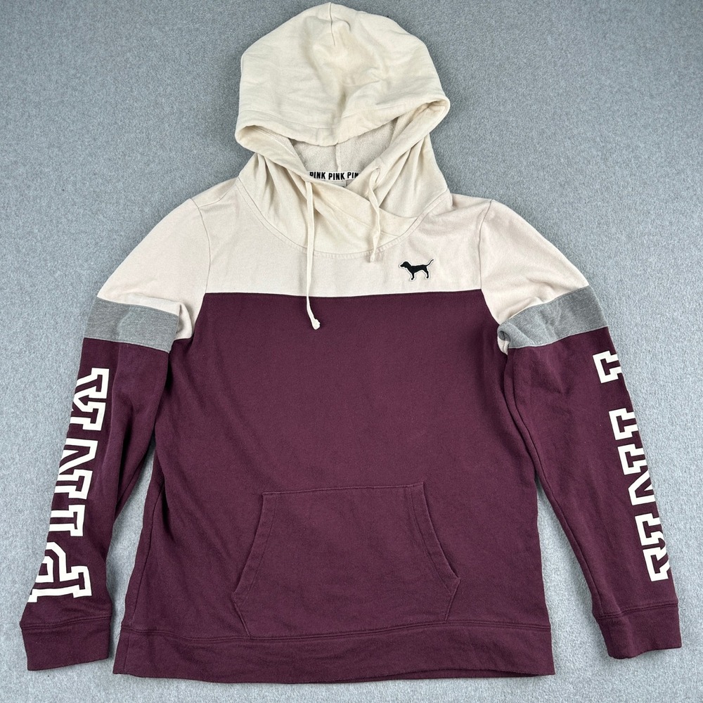 PINK Hoodie Womens L Maroon Colorblock Pullover Logo‎ Graphic Casual Sweatshirt